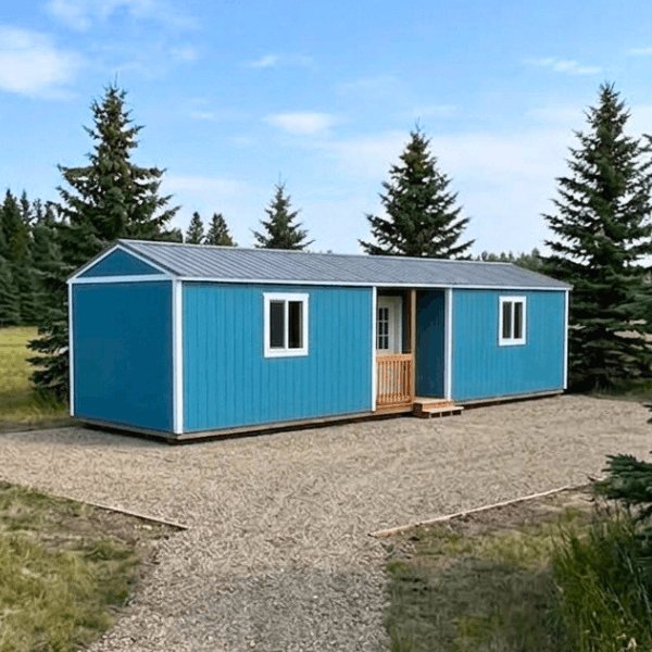 Blue Premier gabled portable cabin delivered in Lamont County, Alberta