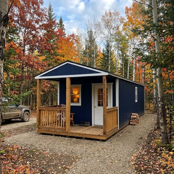 Blue Premier gabled cabin with porch in autumn woods, Alberta