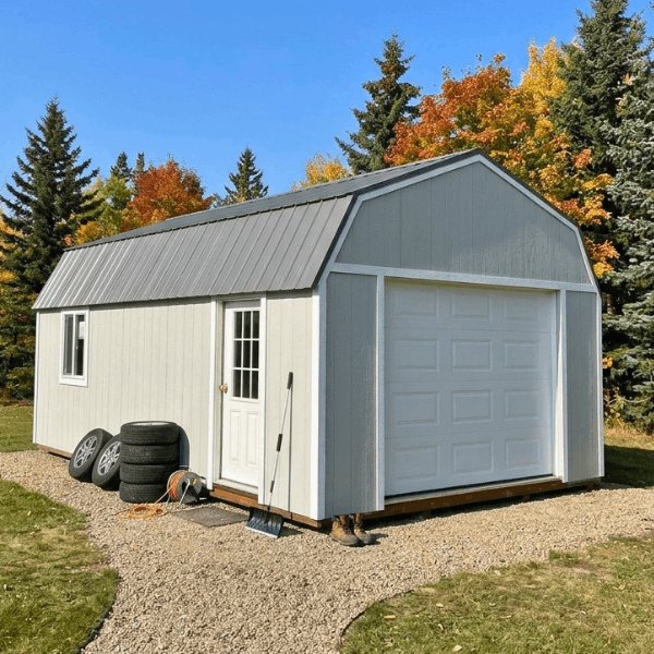 Grey Premier lofted portable garage with overhead door in Alberta