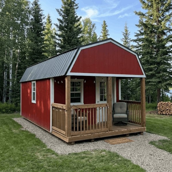 Red Premier lofted cabin with covered porch in Alberta
