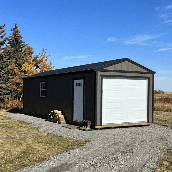 Black Premier gabled portable garage with white overhead door in Alberta