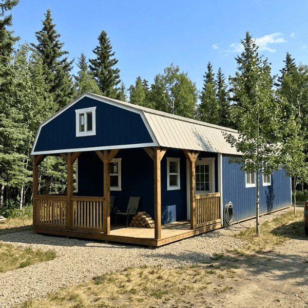 Blue Premier lofted cabin with covered porch in Alberta